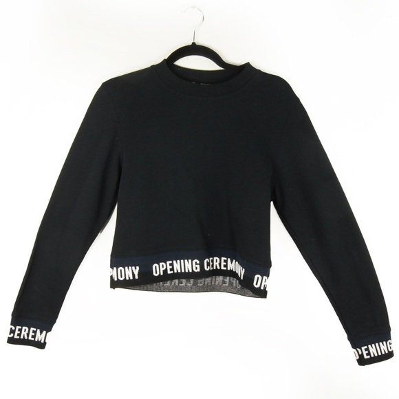 Opening Ceremony 2010s Indie Sleaze Crop Long Sleeve Logo Sweatshirt Black Top - Picture 2 of 4